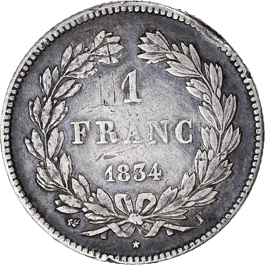 Münze, Frankreich, Louis-Philippe, Franc, 1834, Nantes, S+, Silber, KM:748.12
