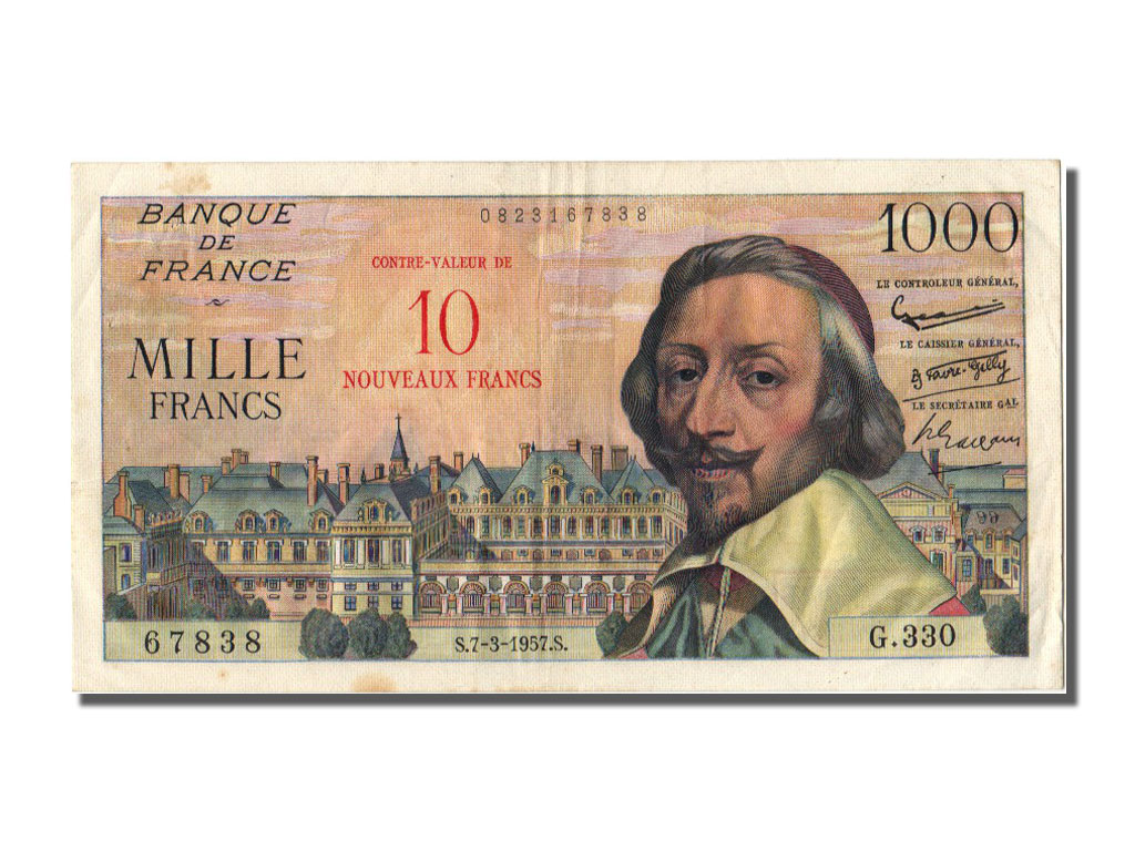 Banknote, France, 10 Nouveaux Francs on 1000 Francs, 1955-1959 Overprinted with