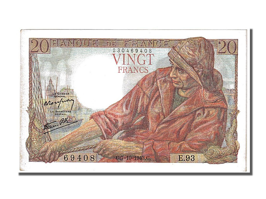 Banknote, France, 20 Francs, 20 F 1942-1950 ''Pêcheur'', 1943, 1943-10-07