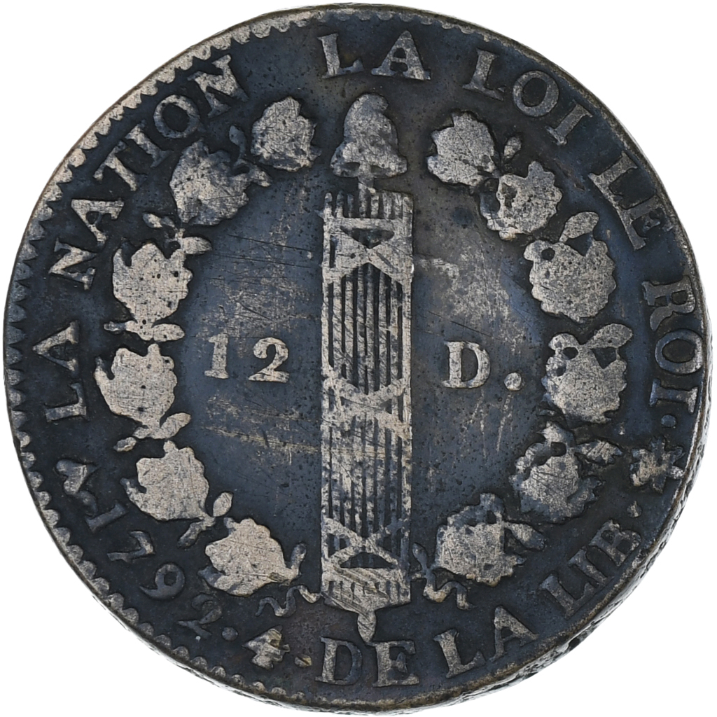France, Louis XVI, 12 Deniers, 1792 / AN 4, Strasbourg, , Bronze