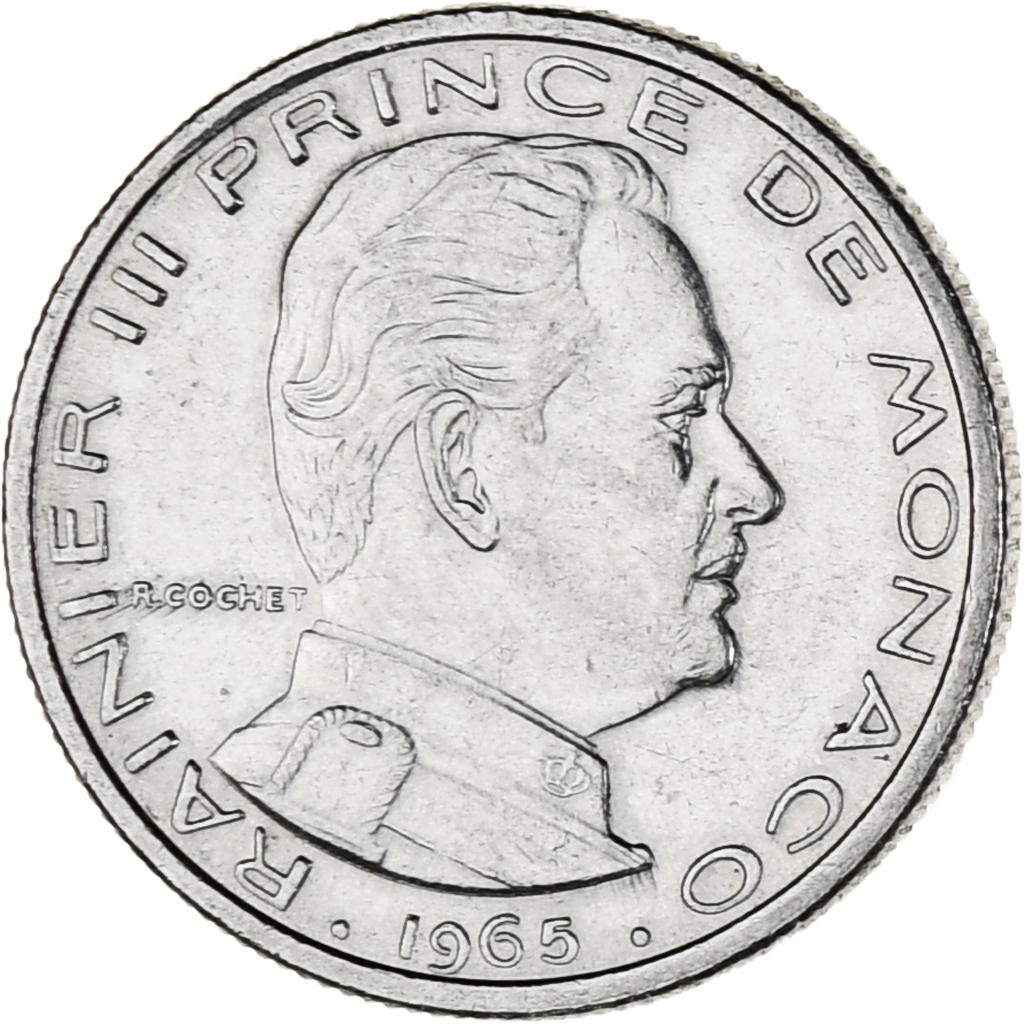 Coin, Monaco, Rainier III, 1/2 Franc, 1965, MS, Nickel, KM:145