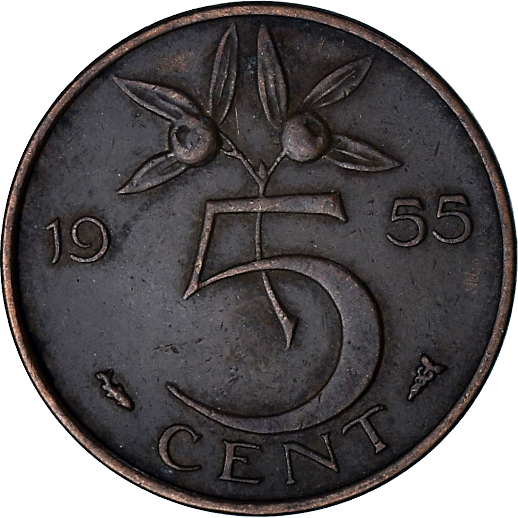 Netherlands, Juliana, 5 Cents, 1955, Bronze, , KM:181