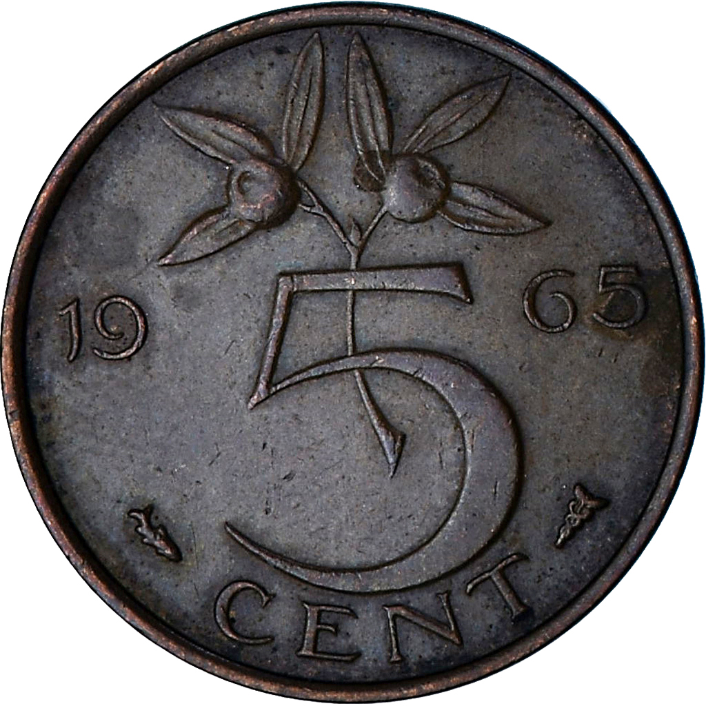 Netherlands, Juliana, 5 Cents, 1965, Bronze, , KM:181