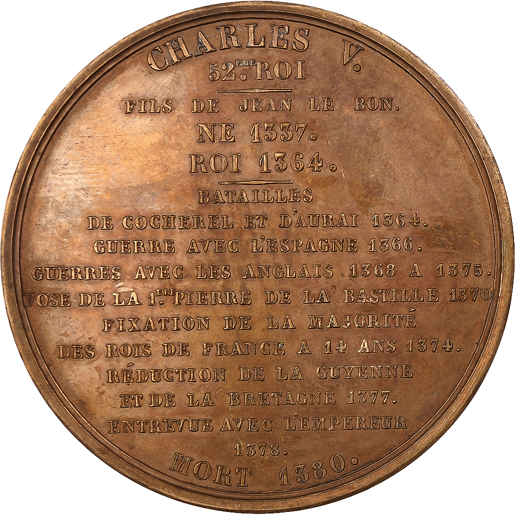 France, Medal, Les Rois de France, Charles V, 1836, Bronze, Caqué, 