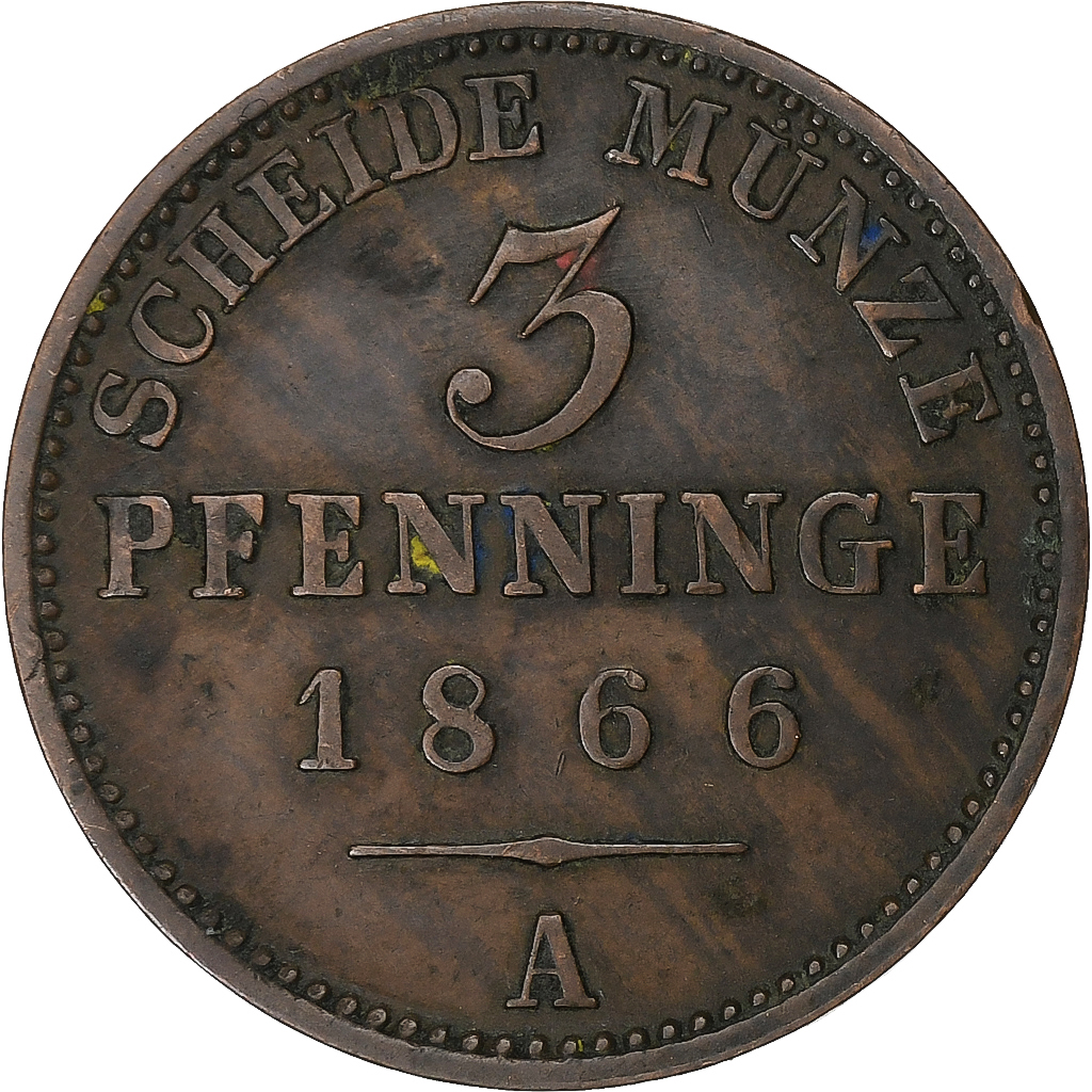 German States, PRUSSIA, Wilhelm I, 3 Pfennig, 1866, Berlin, Copper, 