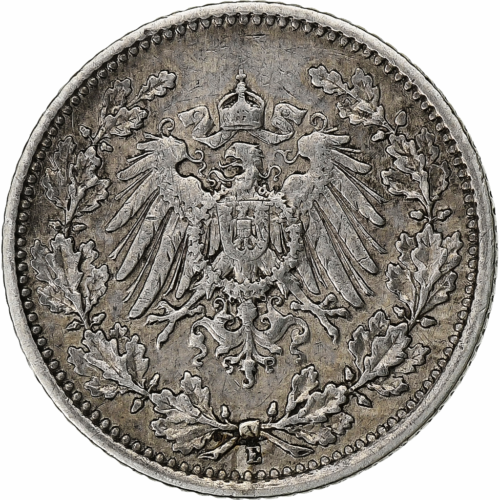 GERMANY - EMPIRE, Wilhelm II, 1/2 Mark, 1906, Muldenhütten, Silver, 