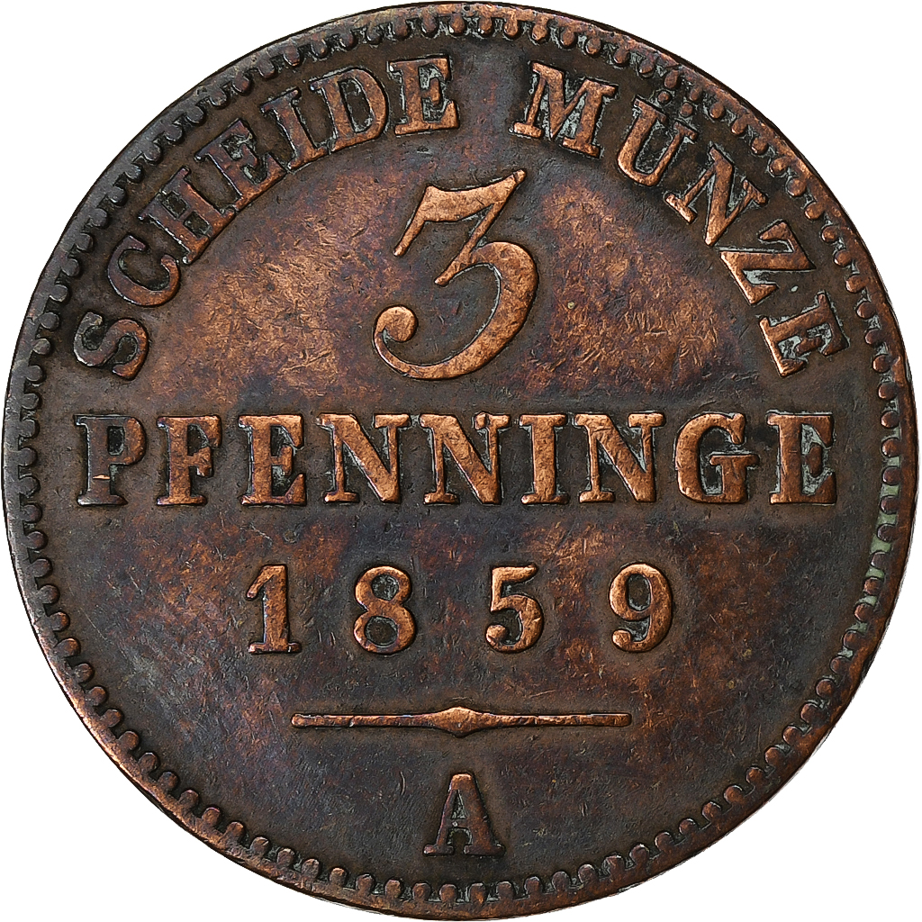 German States, PRUSSIA, Friedrich Wilhelm IV, 3 Pfennig, 1859, Berlin, Copper