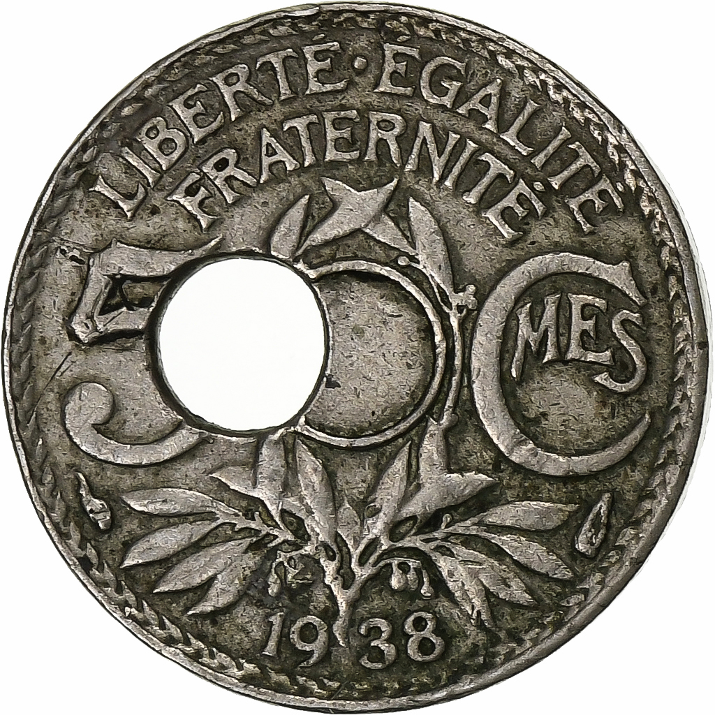 Frankrijk, 5 Centimes, Lindauer, 1938, Paris, Trou Décentré, Cupro-nikkel