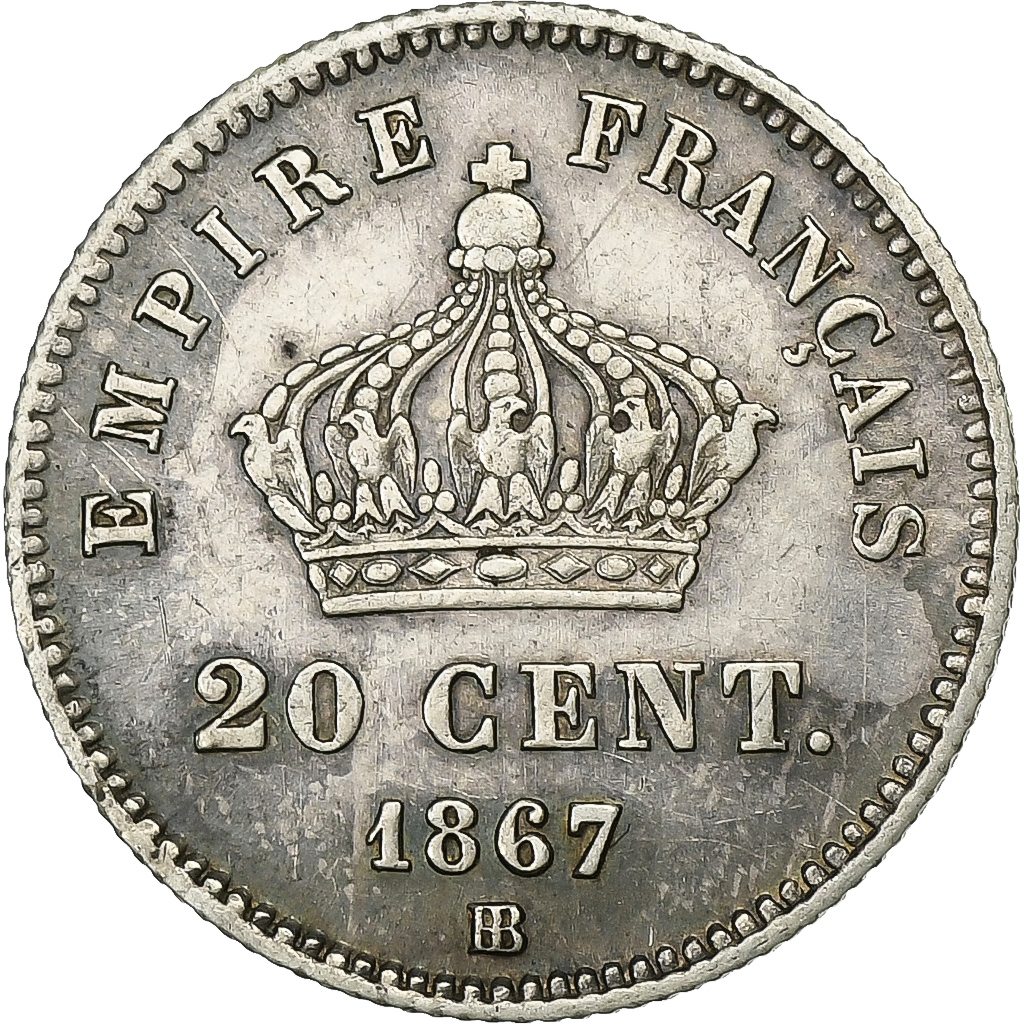 France, Napoleon III, 20 Centimes, 1867, Strasbourg, Silver, 