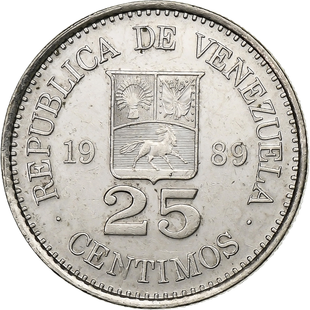 Venezuela, 25 Centimos, 1989, Nickel Clad Steel, AU, KM:50a