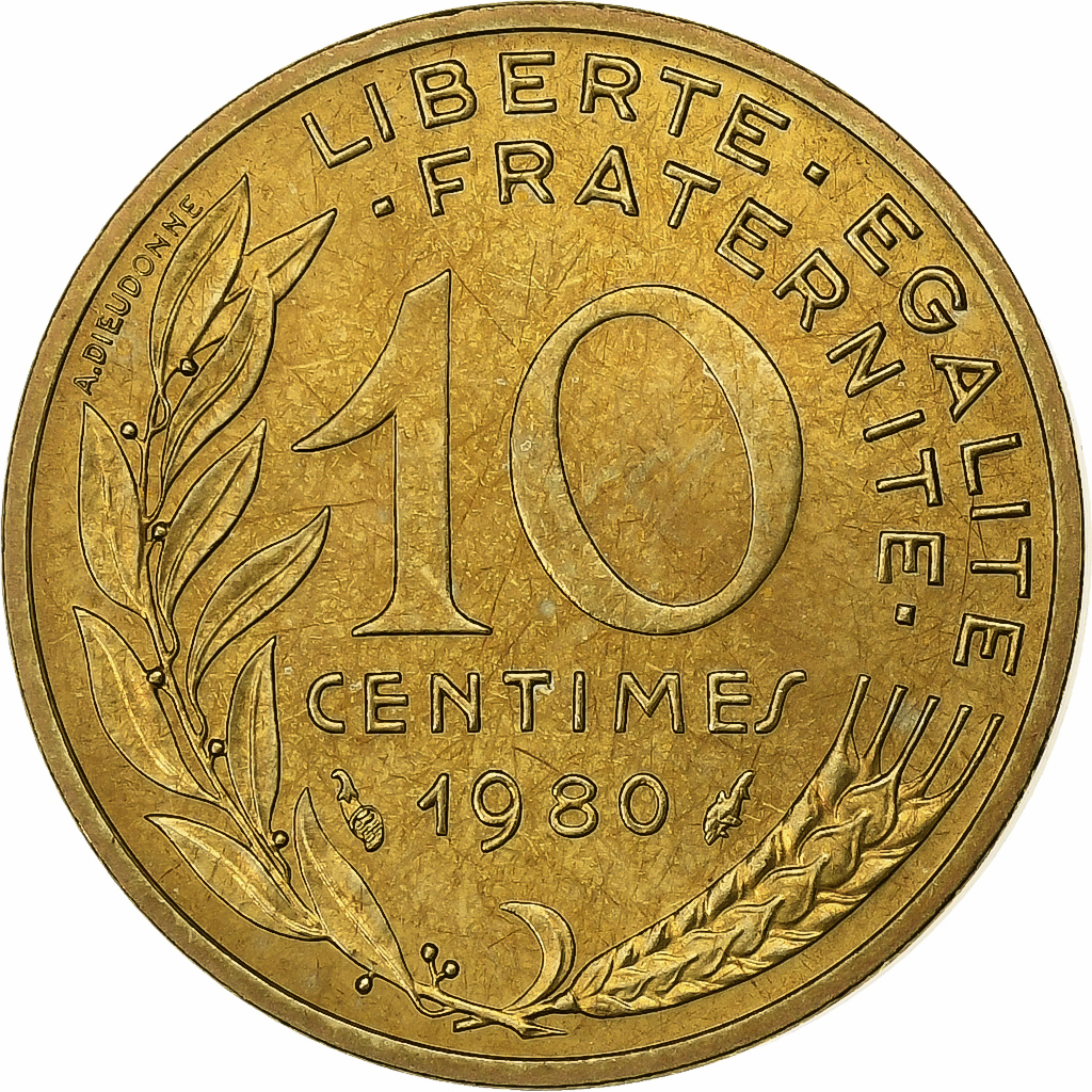 France, 10 Centimes, Marianne, 1980, Paris, Aluminum-Bronze, 