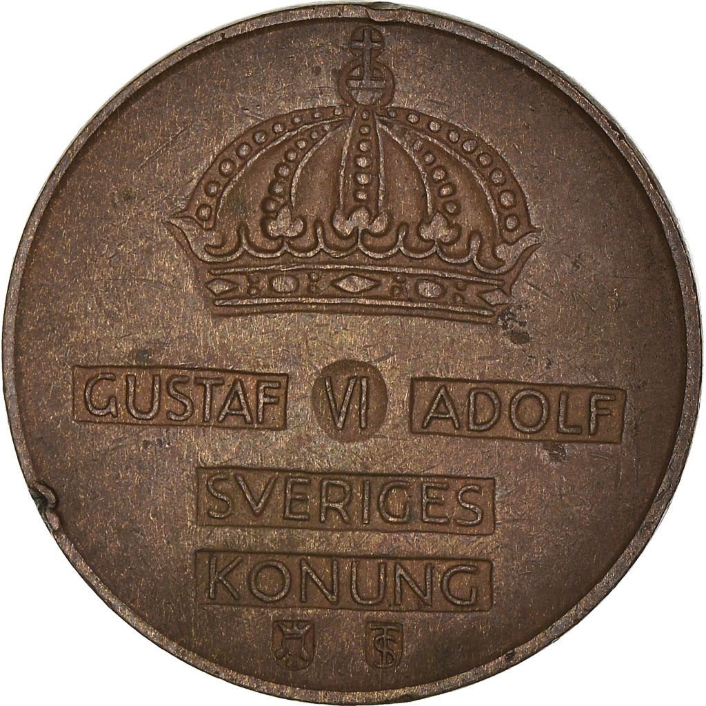 Moneda, Suecia, Gustaf VI, 2 Öre, 1954, BC+, Bronce, KM:821