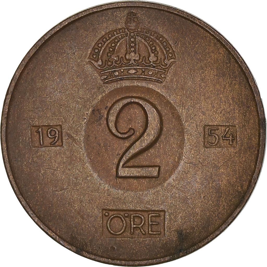 Moneda, Suecia, Gustaf VI, 2 Öre, 1954, BC+, Bronce, KM:821