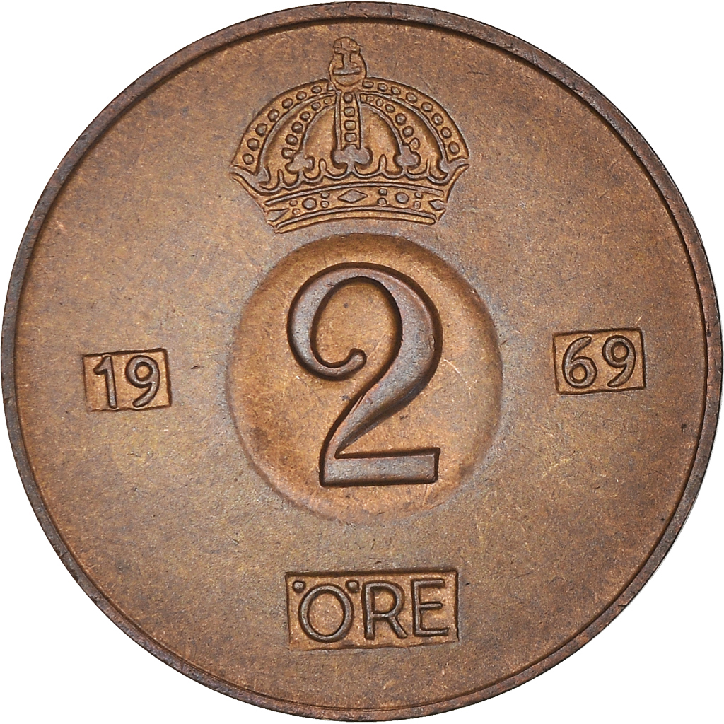 Moneda, Suecia, Gustaf VI, 2 Öre, 1969, EBC, Bronce, KM:821