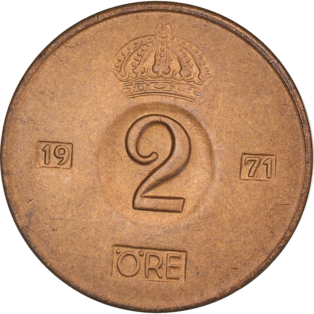 Moneda, Suecia, Gustaf VI, 2 Öre, 1971, EBC, Bronce, KM:821