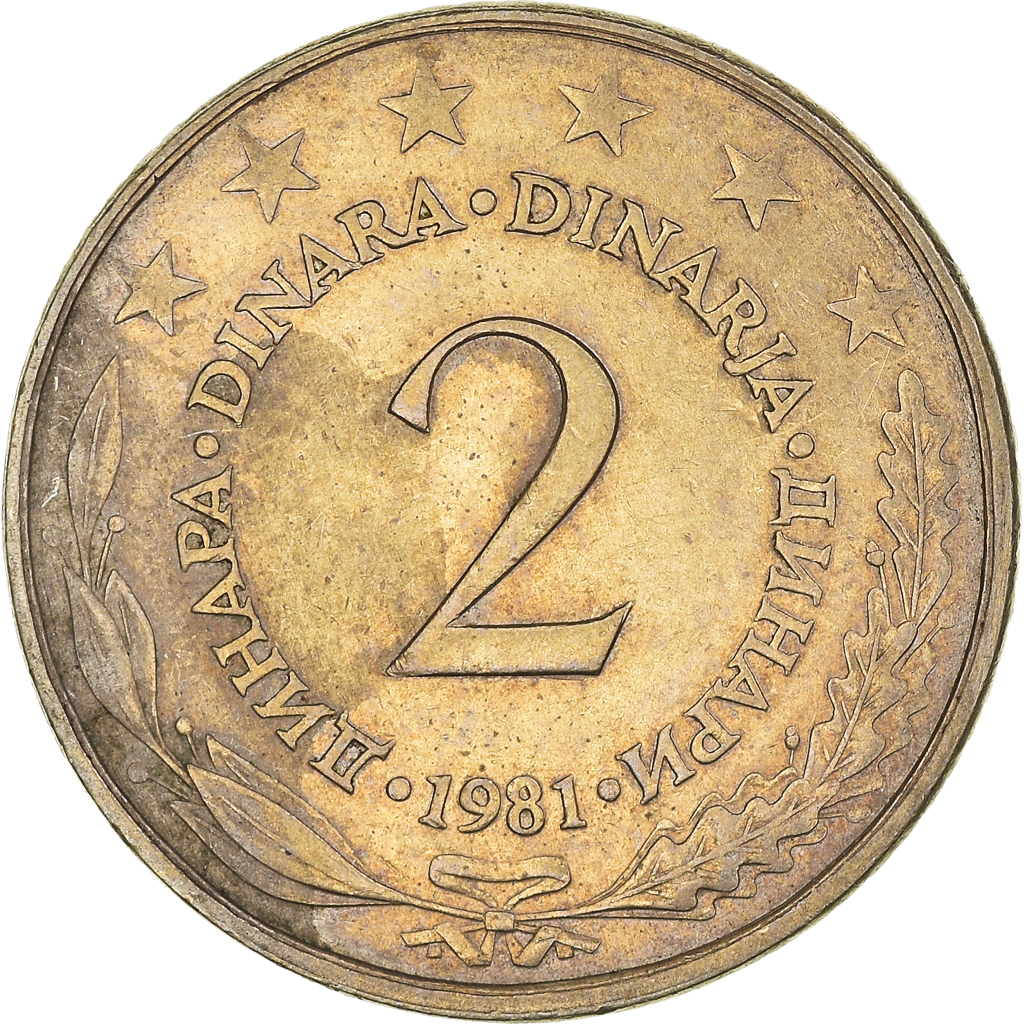 Moneda, Yugoslavia, 2 Dinara, 1981, MBC, Cobre - níquel