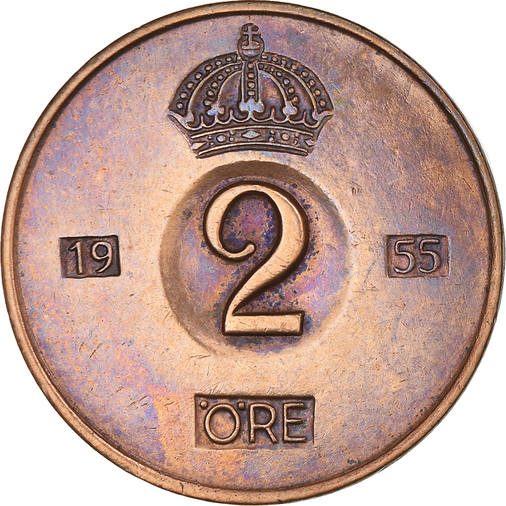 Moneda, Suecia, Gustaf VI, 2 Öre, 1955, EBC, Bronce, KM:821