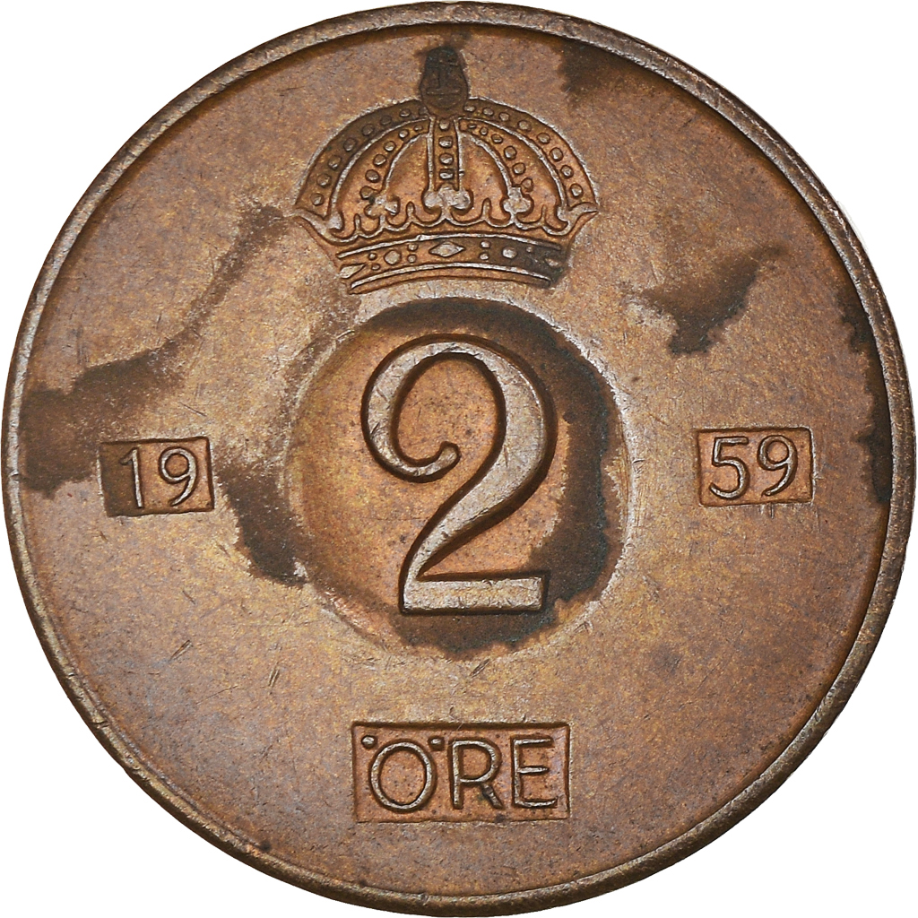 Moneda, Suecia, Gustaf VI, 2 Öre, 1959, BC+, Bronce, KM:821
