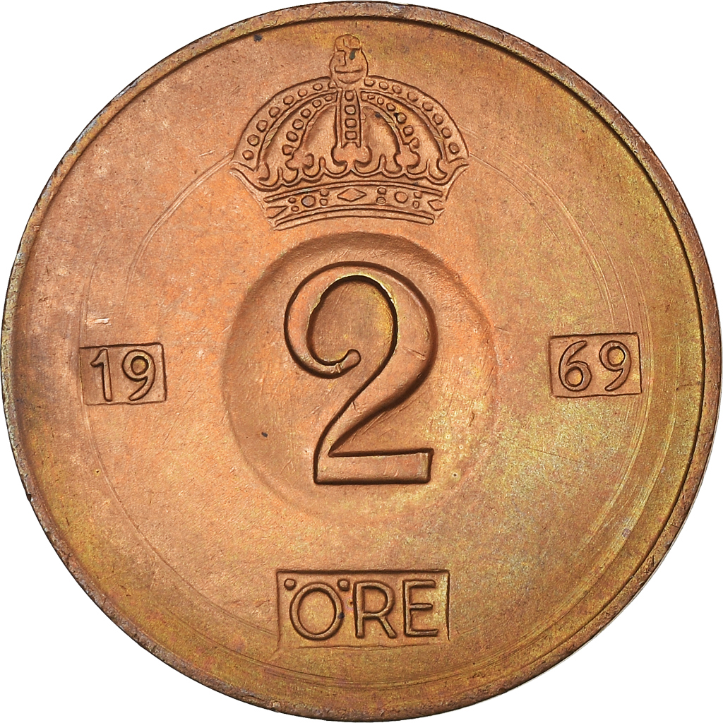 Moneda, Suecia, Gustaf VI, 2 Öre, 1969, MBC, Bronce, KM:821