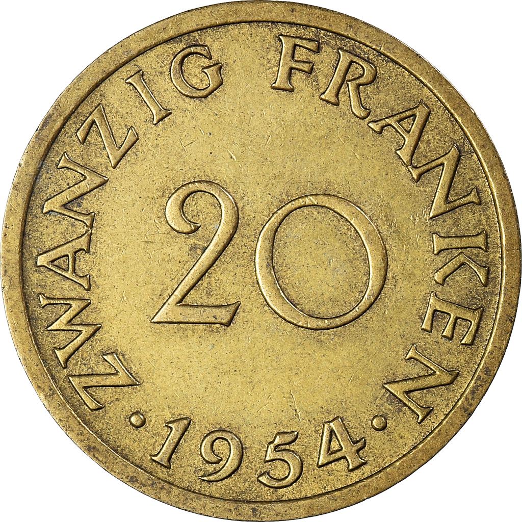Munten, SAARLAND, 20 Franken, 1954, Paris, ZF, Aluminum-Bronze, KM:2, Gadoury:2