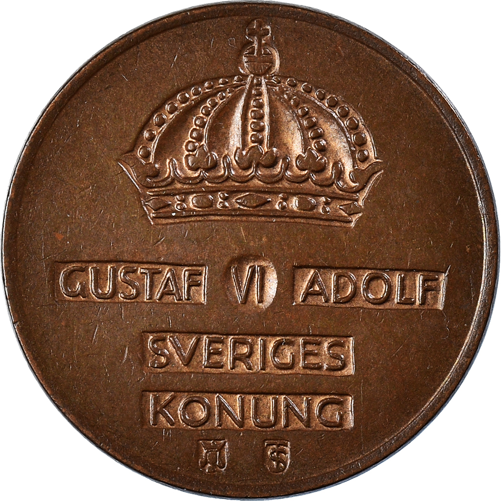 Moneda, Suecia, Gustaf VI, 2 Öre, 1956, MBC+, Bronce, KM:821