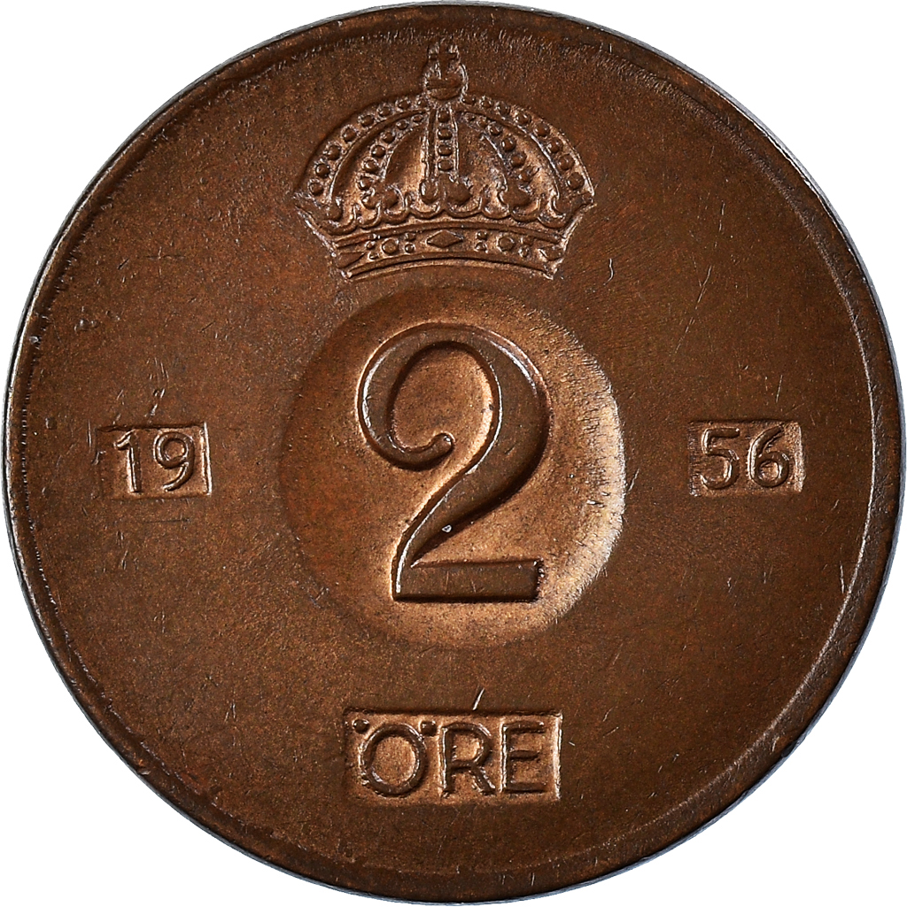 Moneda, Suecia, Gustaf VI, 2 Öre, 1956, MBC+, Bronce, KM:821