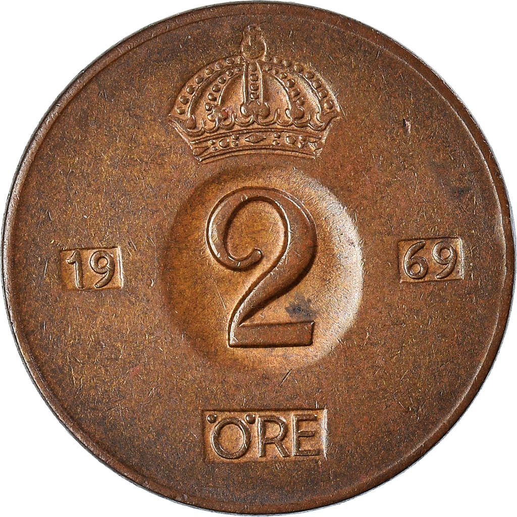 Moneda, Suecia, Gustaf VI, 2 Öre, 1969, BC+, Bronce, KM:821