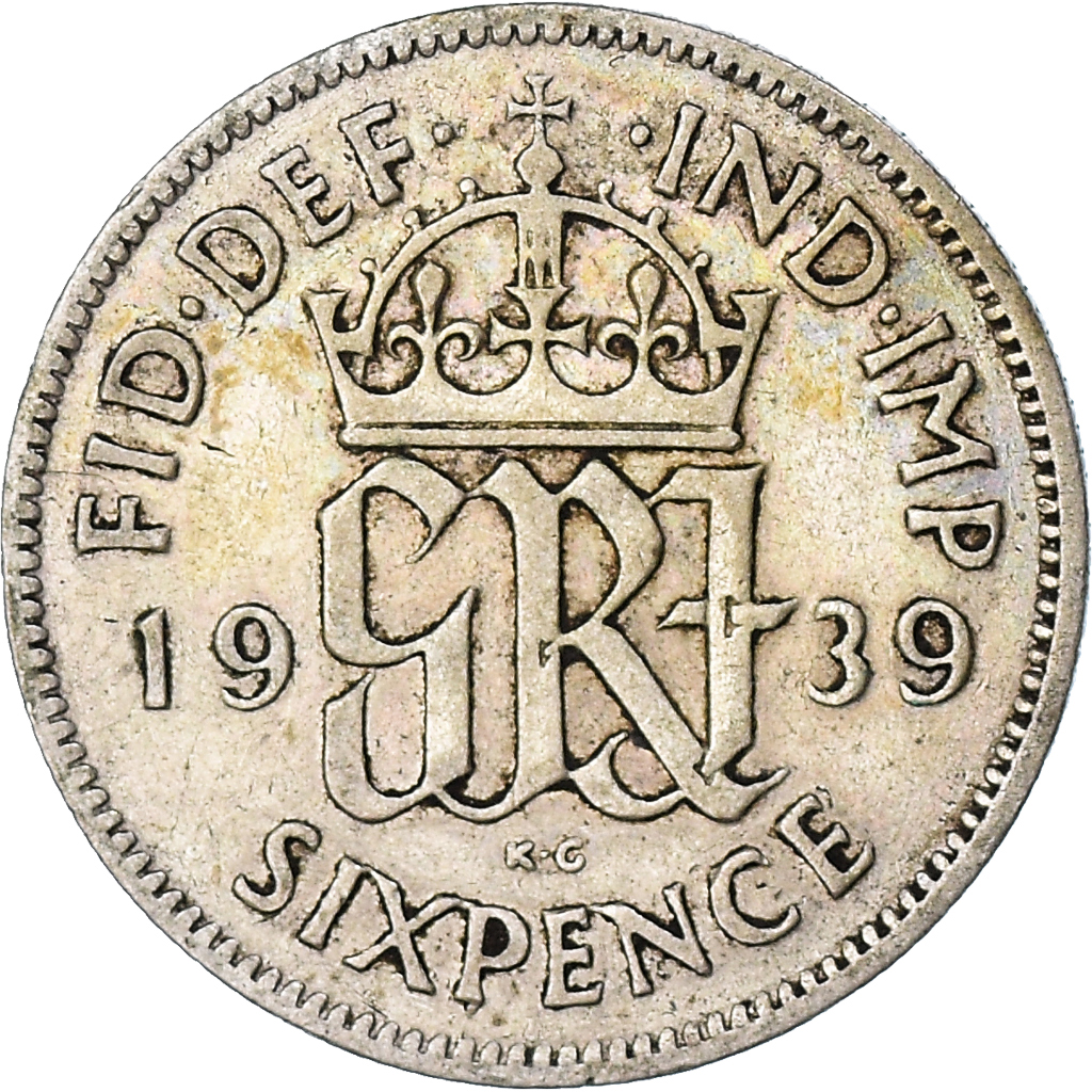Moneda, Gran Bretaña, George V, 6 Pence, 1939, BC+, Plata, KM:832