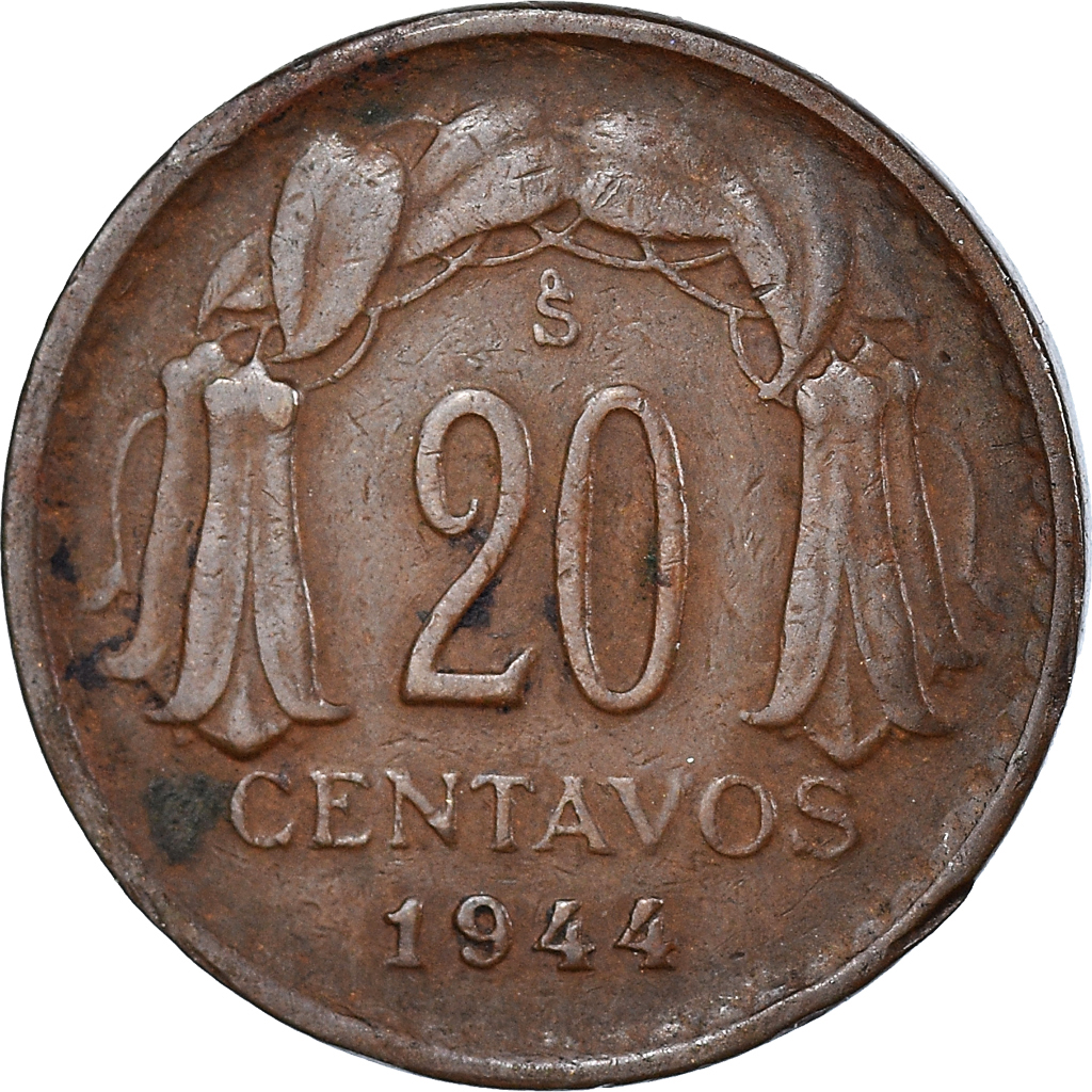 Moneta, Cile, 20 Centavos, 1944, BB, Rame, KM:177