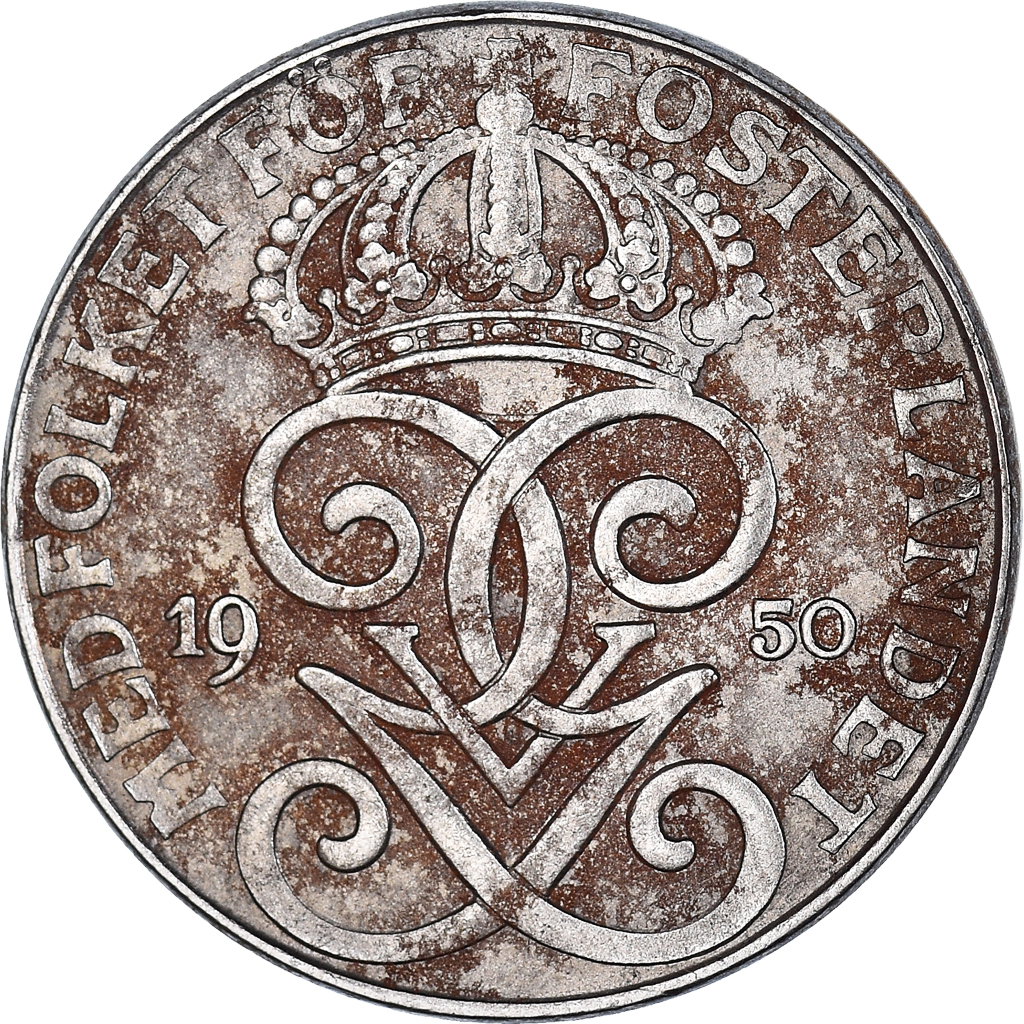 Moneda, Suecia, Gustaf V, 2 Öre, 1950, BC+, Bronce, KM:778