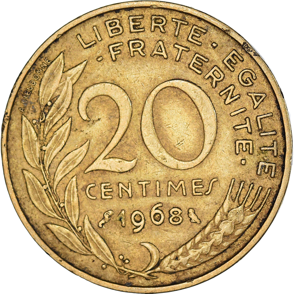 Moneda, Francia, Marianne, 20 Centimes, 1968, Paris, BC+, Aluminio - bronce