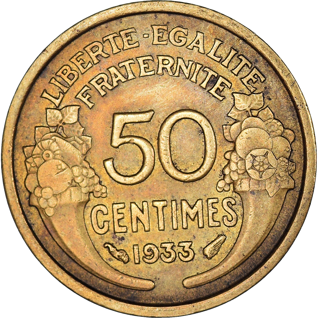 Moneda, Francia, Morlon, 50 Centimes, 1933, Paris, MBC, Aluminio - bronce