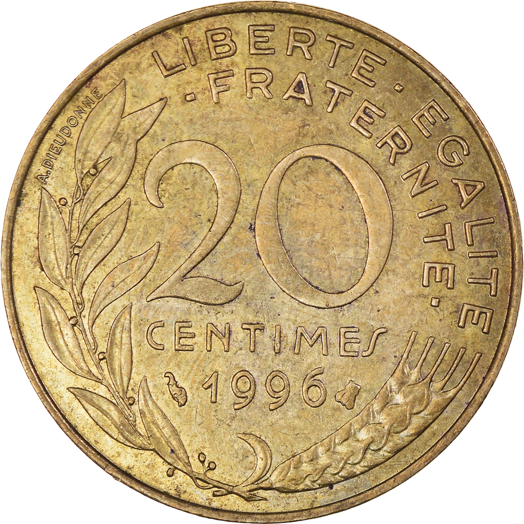 Moneda, Francia, Marianne, 20 Centimes, 1996, Paris, BC+, Aluminio - bronce