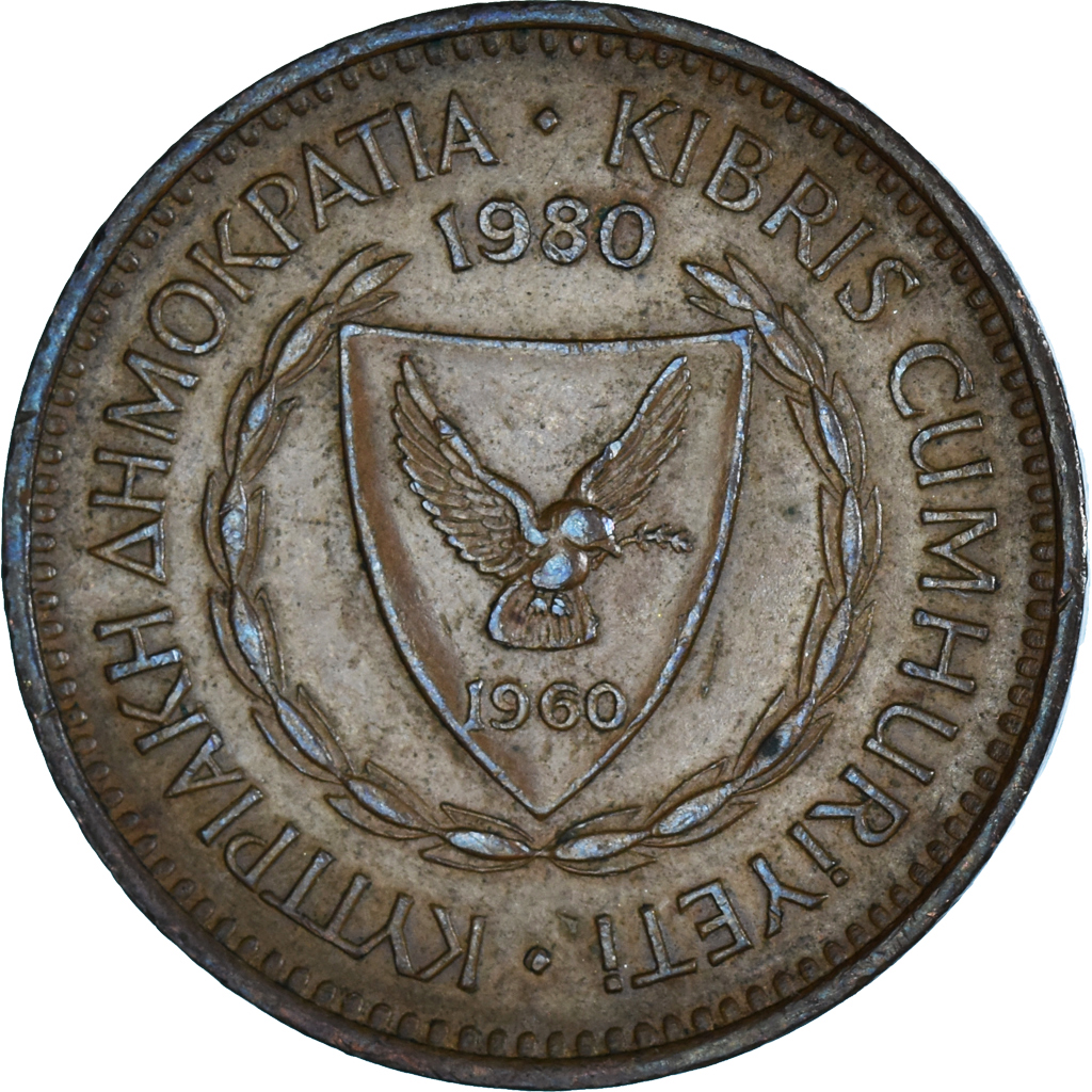 Moneda, Chipre, 5 Mils, 1980, MBC, Bronce, KM:39