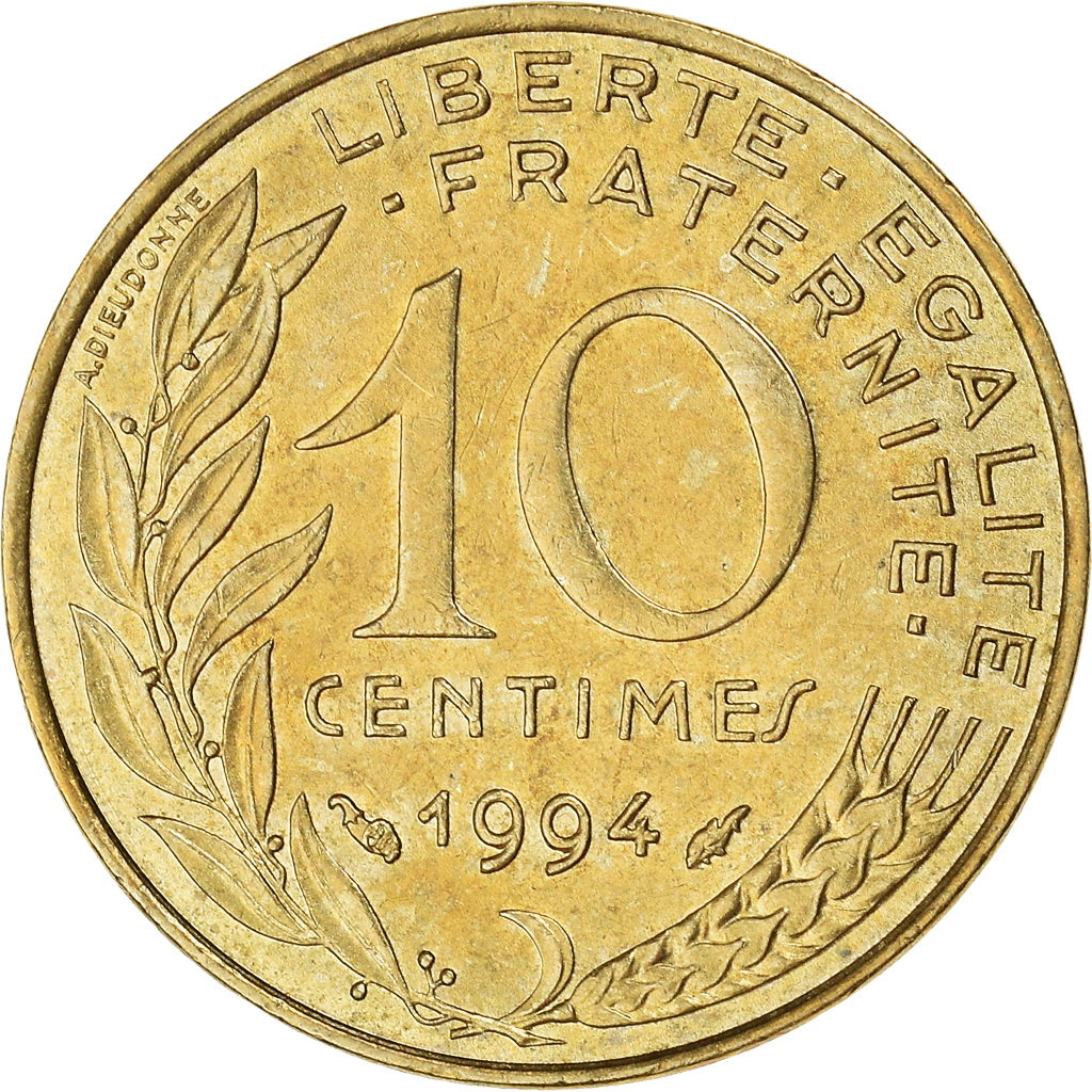 Moneda, Francia, Marianne, 10 Centimes, 1994, Paris, MBC, Aluminio - bronce