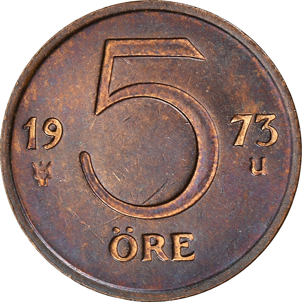 Moneda, Suecia, Gustaf VI, 5 Öre, 1973, MBC+, Bronce, KM:845