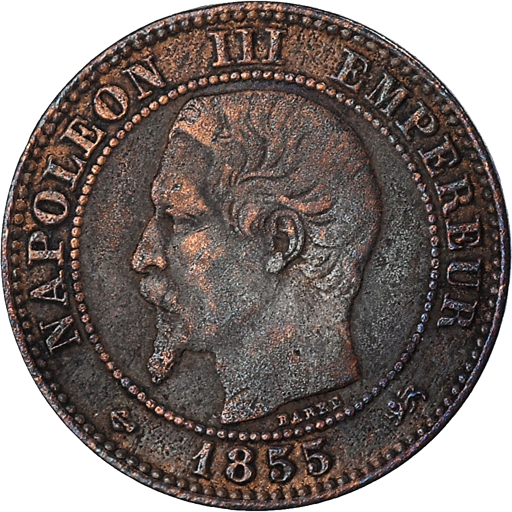 Coin, France, Napoleon III, 2 Centimes, 1855, Lyon, ancre grand lion, 