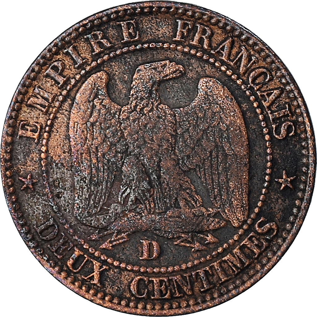 Coin, France, Napoleon III, 2 Centimes, 1855, Lyon, ancre grand lion, 