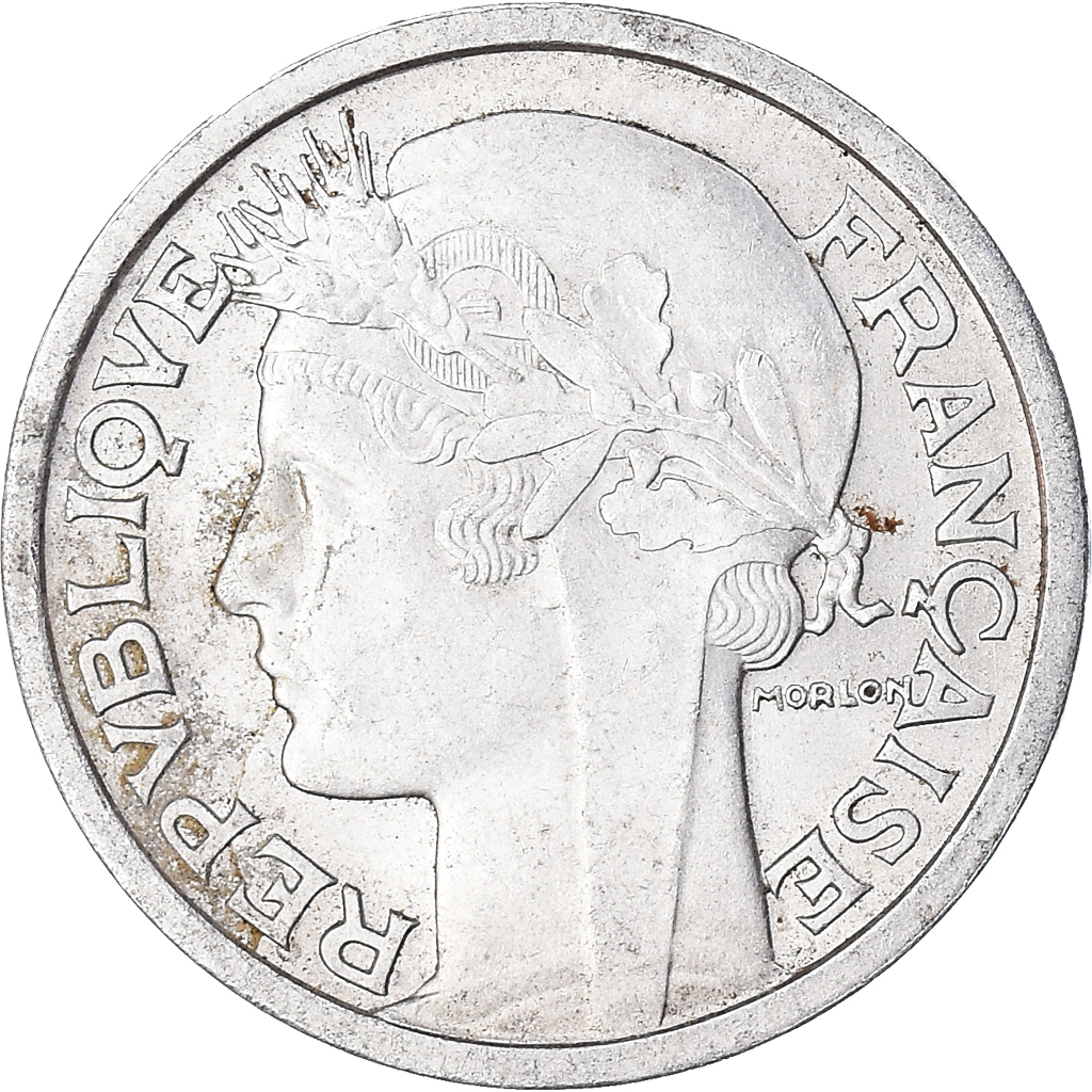 Moneda, Francia, Morlon, 2 Francs, 1949, Beaumont - Le Roger, MBC, Aluminio