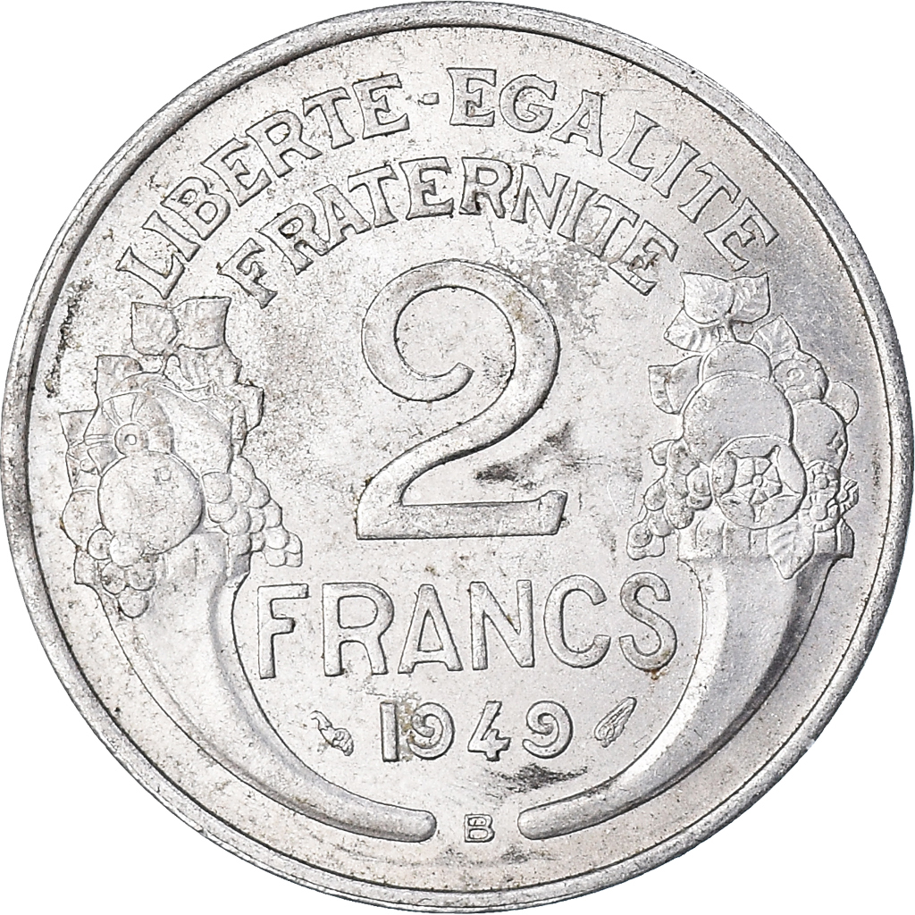 Moneda, Francia, Morlon, 2 Francs, 1949, Beaumont - Le Roger, MBC, Aluminio