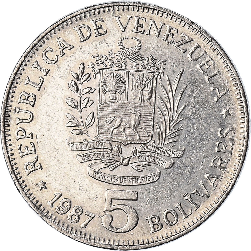 Coin, Venezuela, 5 Bolivares, 1987, , Nickel, KM:53.2
