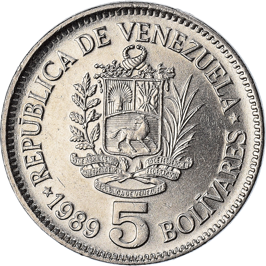Coin, Venezuela, 5 Bolivares, 1989, Werdohl, , Nickel Clad Steel