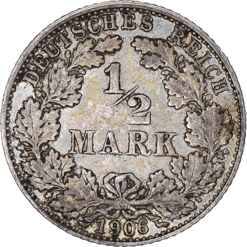 Coin, GERMANY - EMPIRE, 1/2 Mark, 1906, Munich, , Silver, KM:17