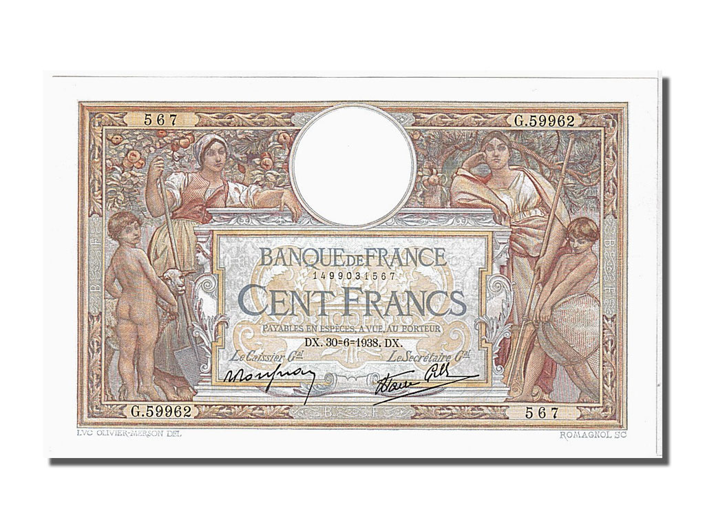 Biljet, Frankrijk, 100 Francs, 100 F 1908-1939 ''Luc Olivier Merson'', 1938