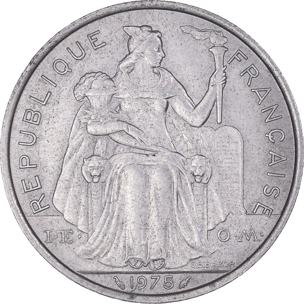 Moneda, Polinesia francesa, 5 Francs, 1975, Paris, MBC, Aluminio, KM:12
