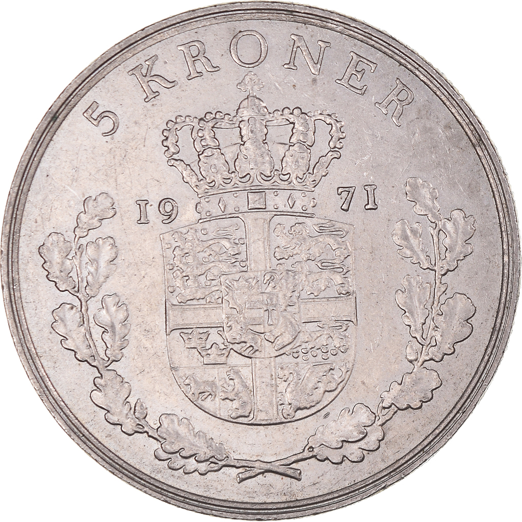 Moneda, Dinamarca, Frederik IX, 5 Kroner, 1971, Copenhagen, MBC+, Cobre -
