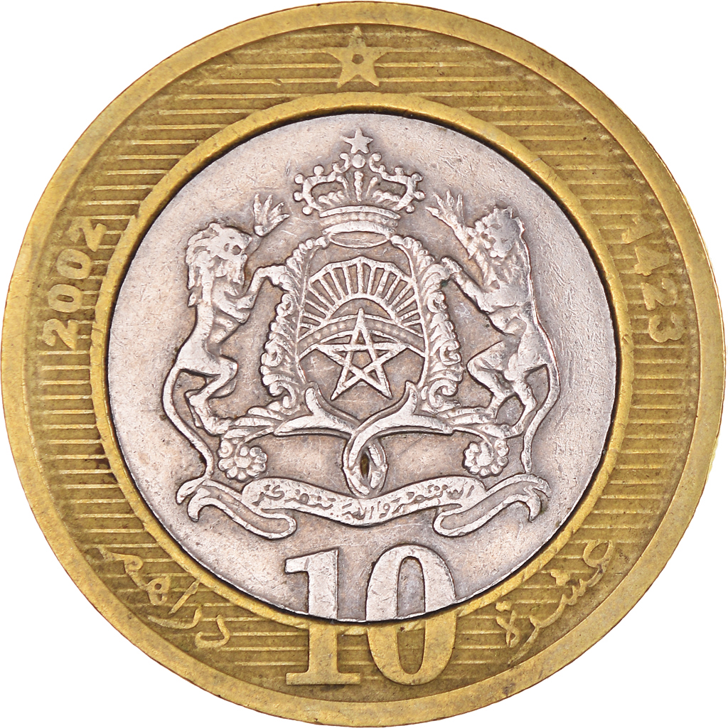 Moneda, Marruecos, Mohammed VI, 10 Dirhams, 2002/AH1423, MBC, Bimetálico