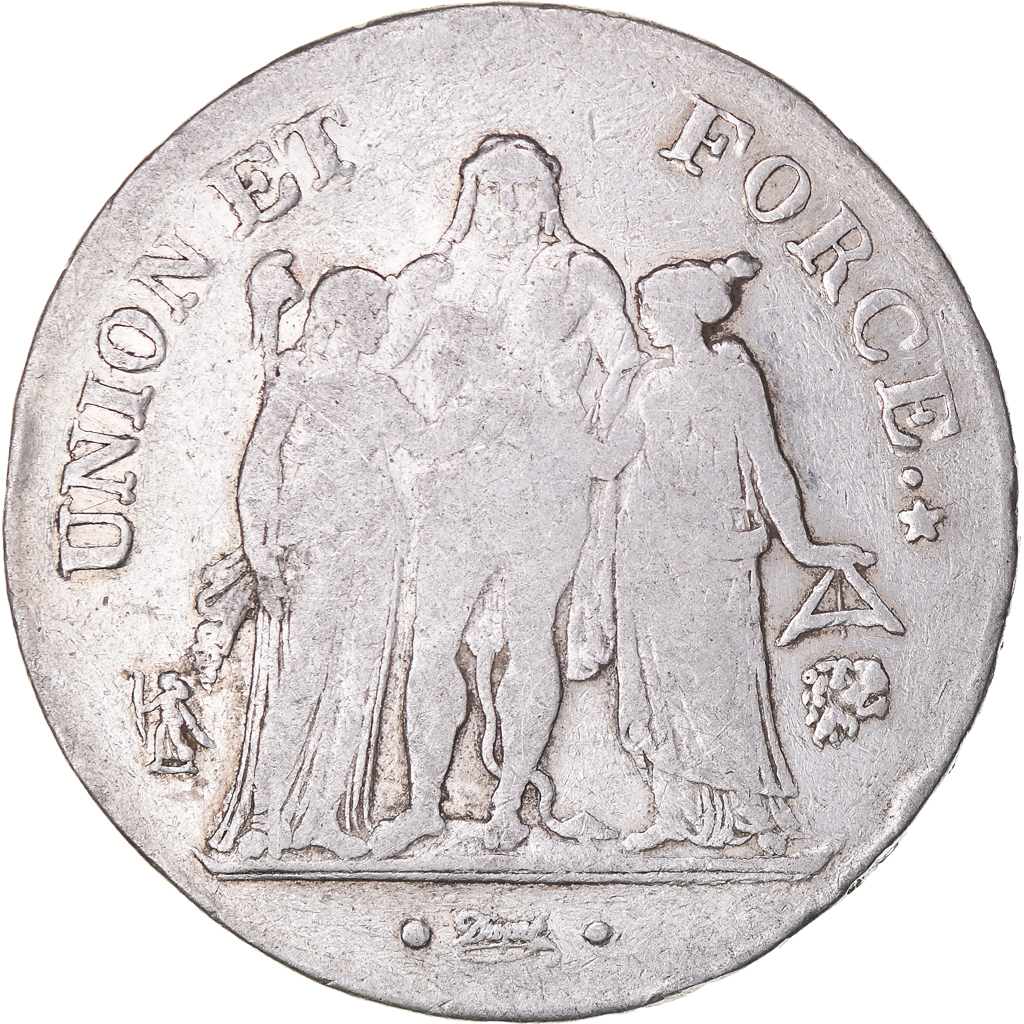 Coin, France, Union et Force, 5 Francs, An 9 (1801), Bayonne, VF, Silver