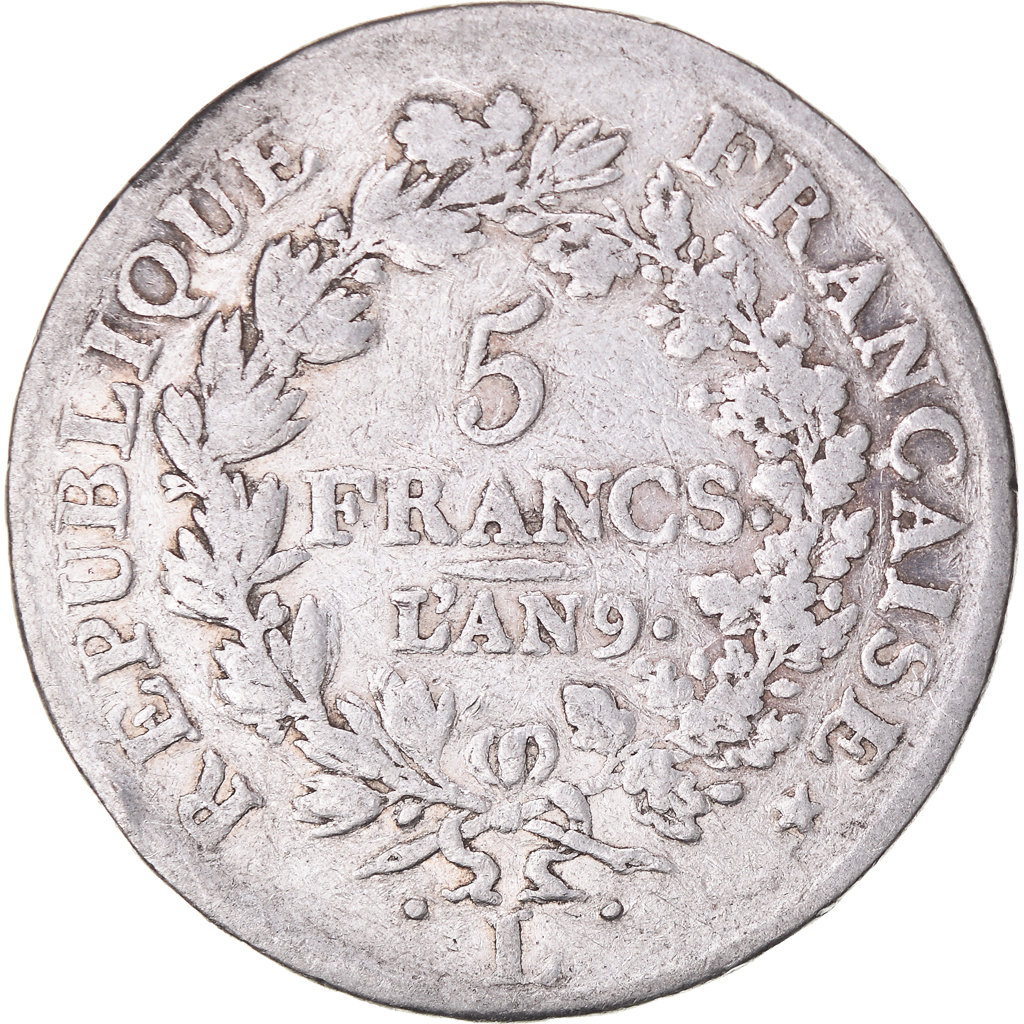 Coin, France, Union et Force, 5 Francs, An 9 (1801), Bayonne, VF, Silver