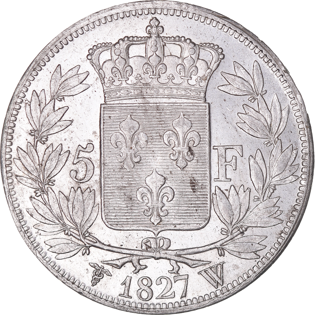 Coin, France, Charles X, 5 Francs, 1827, Lille, Rare in this quality, 